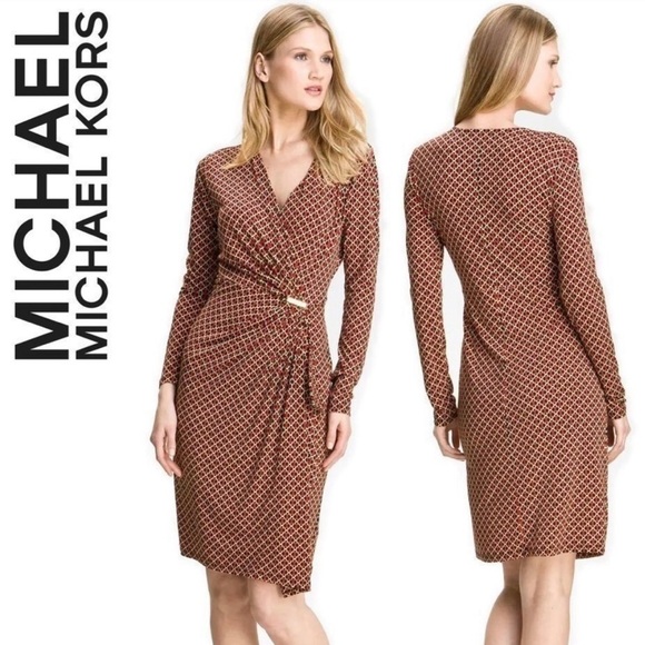 Michael Kors Espresso Chain Link Print Stretch Jersey Faux Wrap Dress - Picture 14 of 14